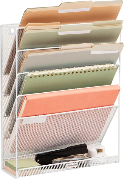 Mind Reader 5-Pocket Vertical File Storage, Desktop Organizer, Wall Mount, Office, Metal Mesh, Pink