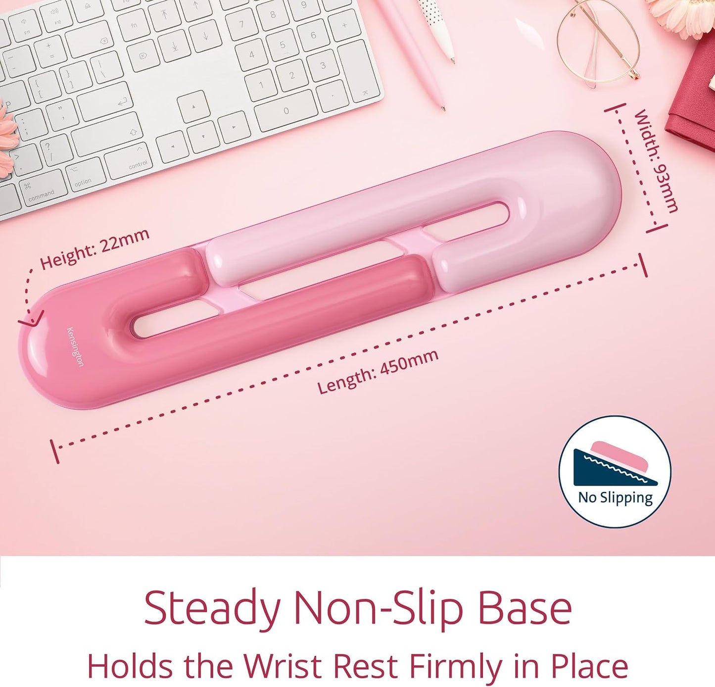 Kensington Duo Gel Loop Wrist Rest for Keyboard, Wrist Pad for Full Size Keyboard, Ergonomic Wrist Pad, Non-Skid Computer Pad with Wrist Support, Pink K62679WW, 17.7" x 3.7"x 0.9”