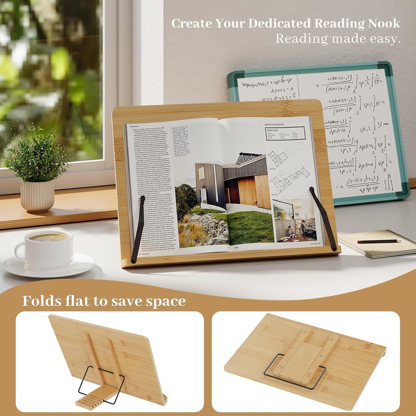 Bamboo Book Stand, Adjustable Book Holder, Music Stand - Lightweight and Stable for Cookbook, Textbook, Notebook, Desk Home Office Kitchen (Small)
