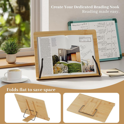 Bamboo Book Stand, Adjustable Book Holder, Music Stand - Lightweight and Stable for Cookbook, Textbook, Notebook, Desk Home Office Kitchen (Small)