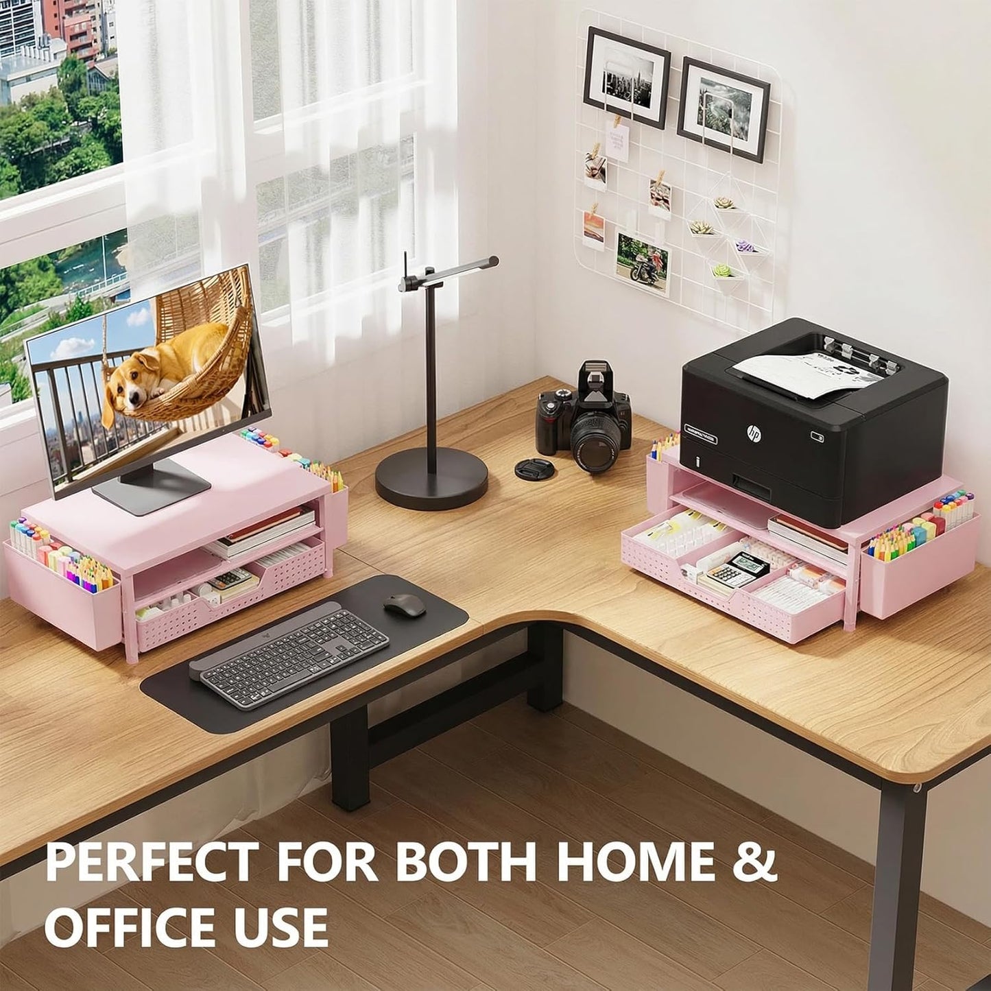 OPNICE Desk Organizers and Accessories, Computer Monitor Stand Riser with Drawer and 2 Pen Holders, Printer & Laptop Stand, Office Desk Accessories & Workspace Organizers for Home Office Supplies, Black