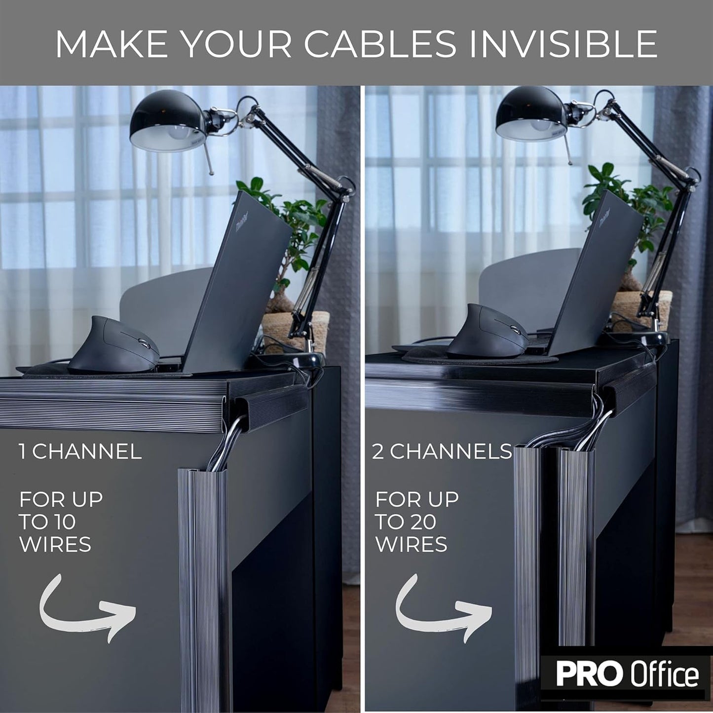 Cable Management ProOffice 96in J Channel Cable Raceways - 6X 16in Black No Screw/No Drill Computer Cord Organizer - Cable Channels for Wire Management Under Desk with Adhesive