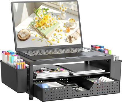 OPNICE Desk Organizer and Accessories, 2-Tier Computer Monitor Stand Riser with Drawer and 2 Pen Holders, Laptop Stand, Office Desk Accessories for Office Supplies, Black