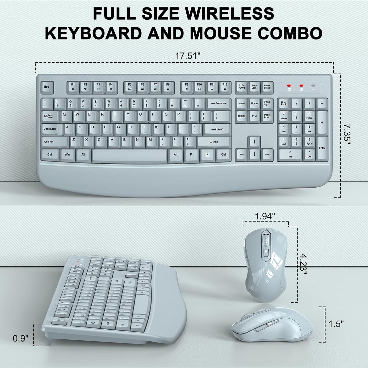 Wireless Keyboard and Mouse Combo, 2.4G Full Size Wave Keys Ergonomic Keyboard with Wrist Rest and 3-Level DPI Adjustable Wireless Ergonomic Mouse for Windows, Mac OS Desktop/Laptop/PC(Black)