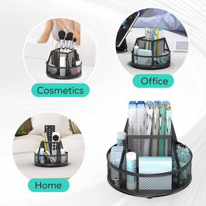YINGHUA Metal Mesh Desk Organizer with 5 Compartments and Rotating Pencil Holder Pen and Stationery Organizer for Office Home School Anti Slip Base Blue
