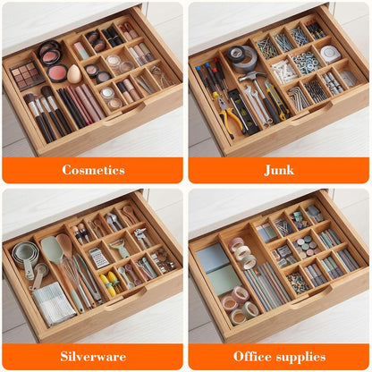 Bamboo Sliding Desk Drawer Organizer 8.2'' up to 16.4'' x 14.4'' x 2.2'' Expandable Office Desk Accessories Supplies Tray with 7 Compartments for Pens, Notebooks, Rulers, and Makeup Jewelry Vanity