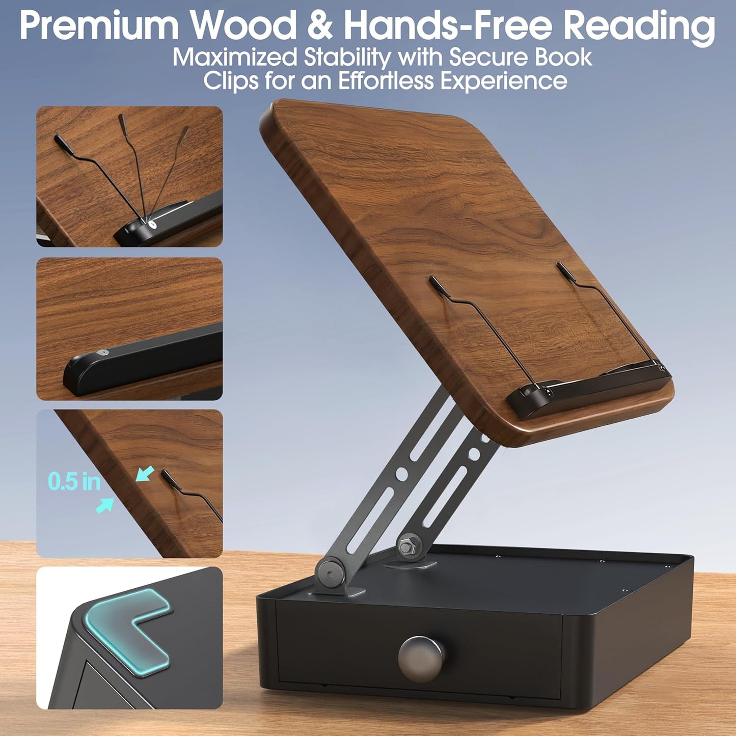 Book Stand with Storage Drawer, Adjustable Wooden Reading Stand for Desk, Ergonomic Height & Angle Book Holder for Textbooks, Cookbooks, Documents (Walnut Finish, 9.8" x 13.8" Large Panel)