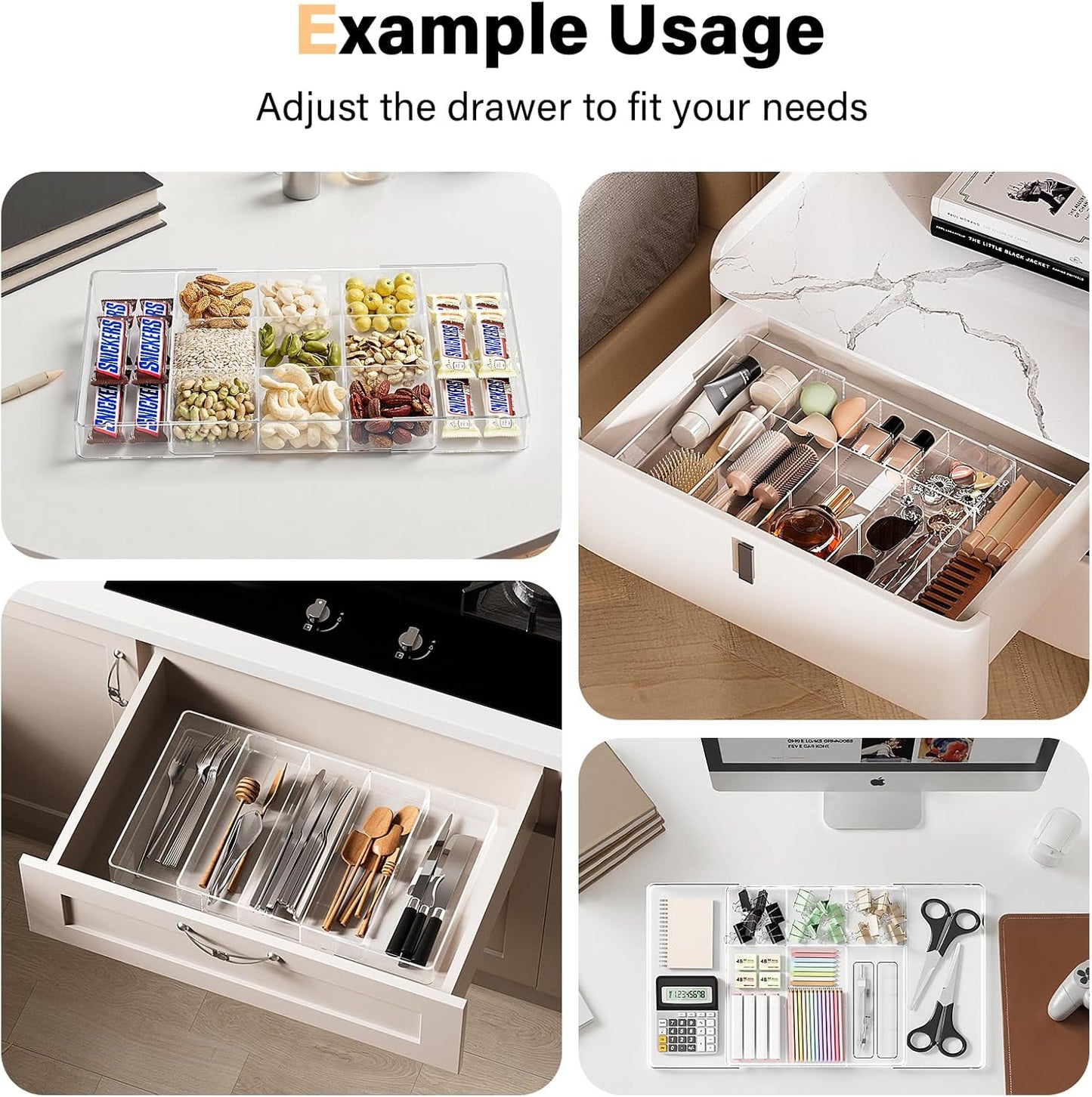 Acrylic Expandable Desk Drawer Organizer with 11 Adjustable Compartments and 6 Removable Dividers Desk Accessories for Office Kitchen Bathroom Makeup and Utensil Junk Storage (Clear, 2Pcs)