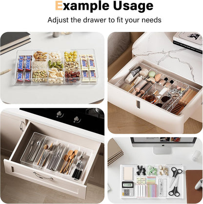 Acrylic Expandable Desk Drawer Organizer with 11 Adjustable Compartments and 6 Removable Dividers Desk Accessories for Office Kitchen Bathroom Makeup and Utensil Junk Storage (Clear, 2Pcs)