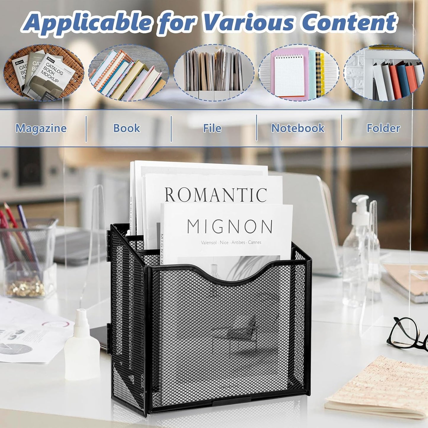Vertical Triple File Folder Holder 9.8 In Magazine Holder Wall Mount & Desktop 3 Tier Vertical Desk Organizer Pocket File Holder Sorter Magazine Storage Rack For Office Home Organization Wall Door