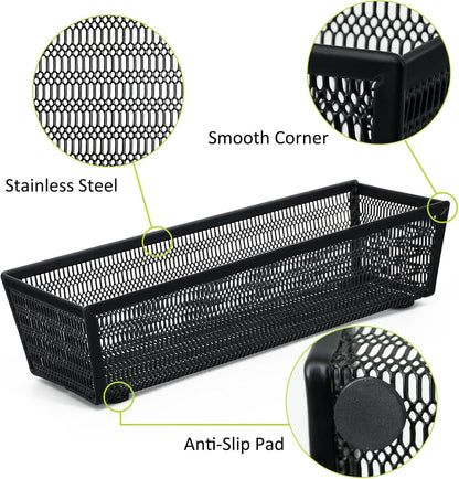 Neudeco Drawer Organizer Set 6 Pack - 5-Compartment Silverware Organizer Tray + 5 Utensil Trays, Kitchen Drawer Organizer for Flatware, Cutlery, Office Supplies, Black Mesh, Non-Slip.