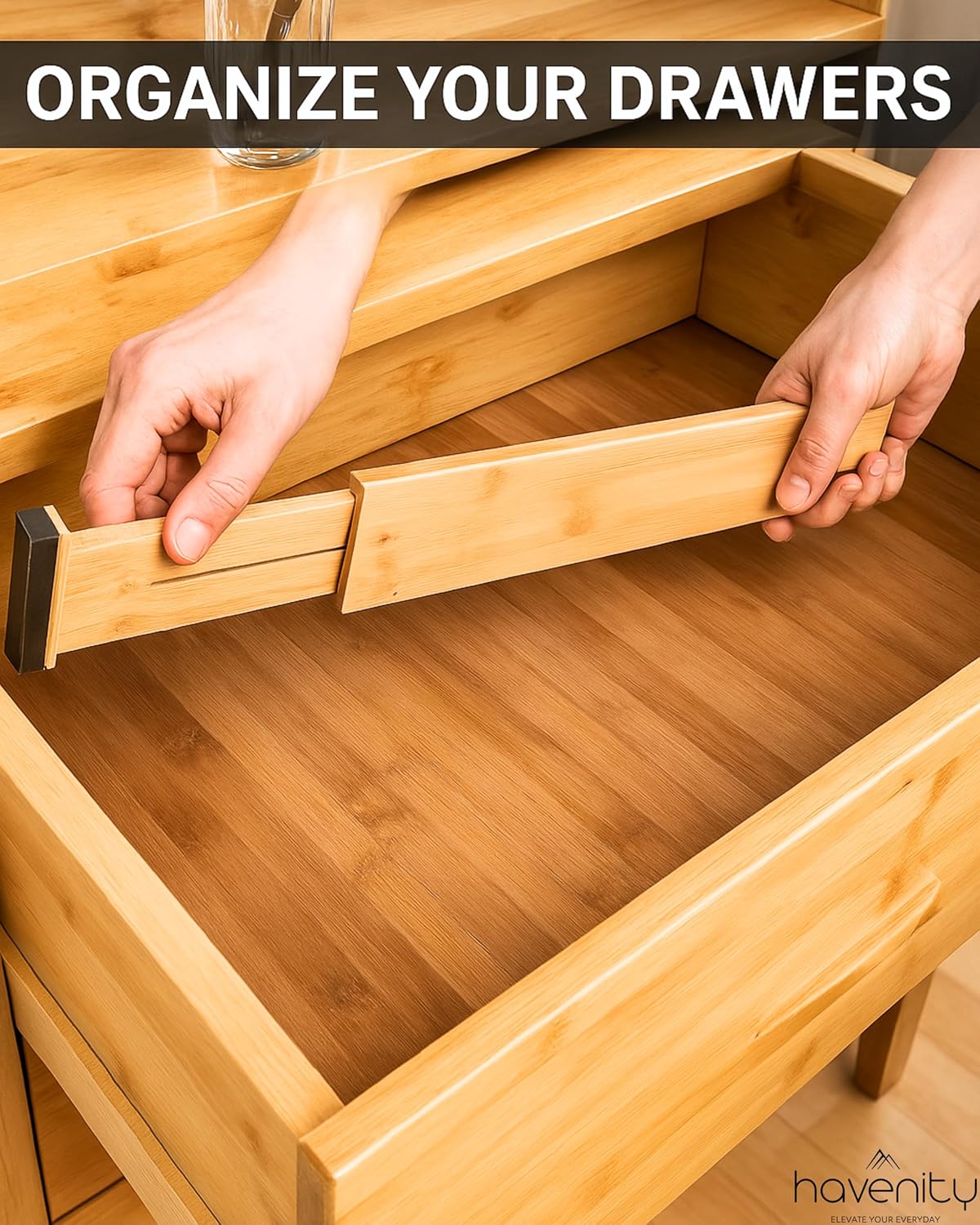 4 Pcs Bamboo Kitchen Drawer Dividers Large 14"-19", Spring Loaded, Works in Kitchen, Adjustable Drawer Organizers, Dresser, Bathroom, Bedroom, Drawer Desk, Office