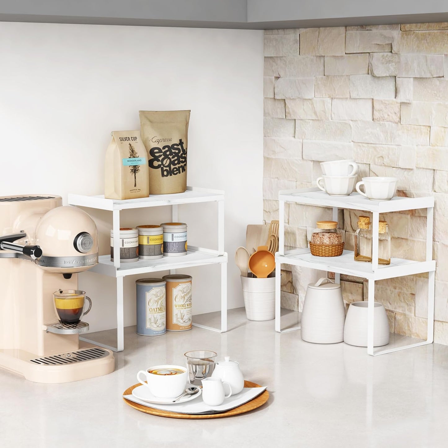 Goozii Kitchen Cabinet Organizer Shelf Set of 4, Large Stackable Pantry Cupboard Countertop Storage and Organizer, Desk Shelf Riser, Spice Plate Cup Expandable Storage Rack (Bamboo White)