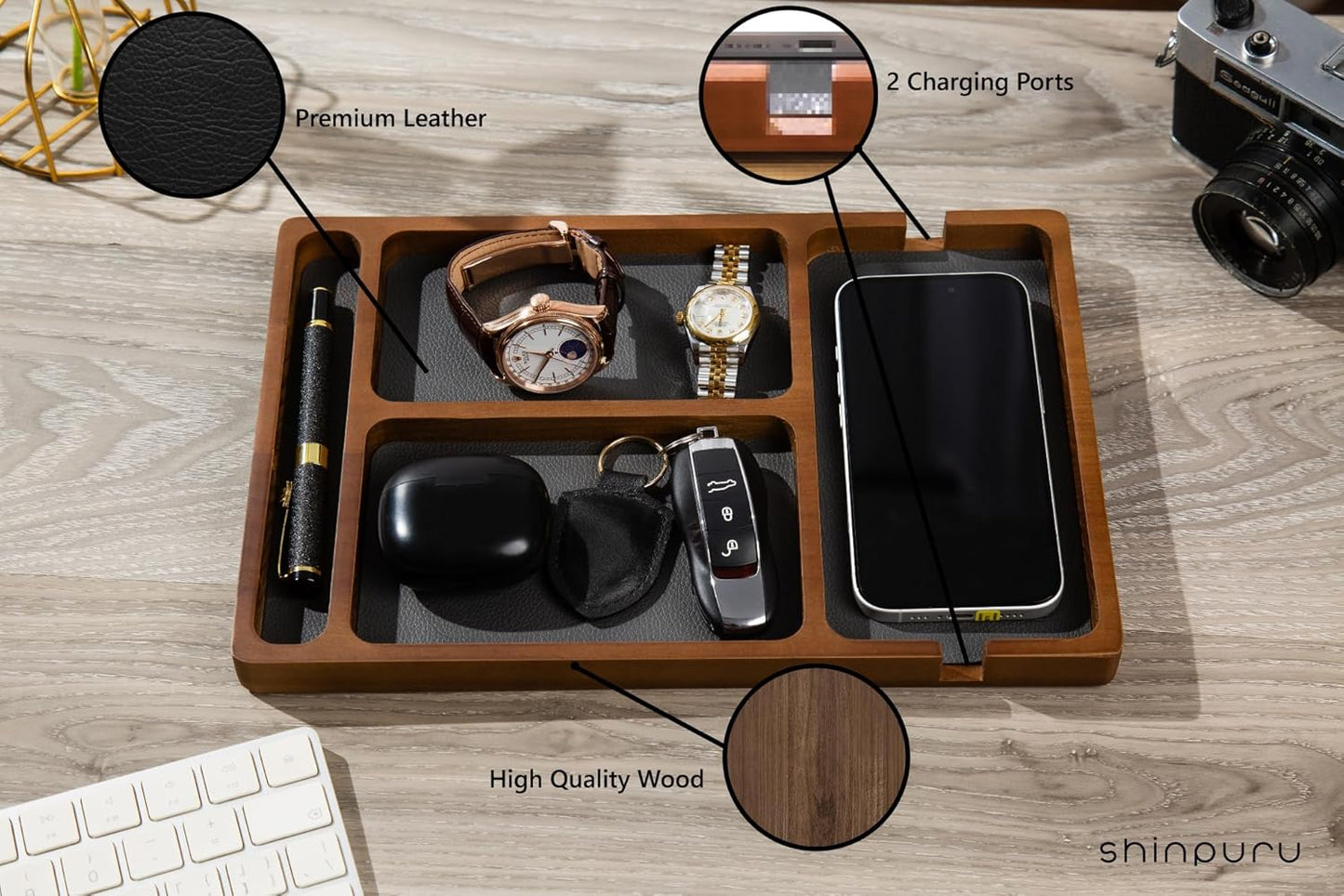 Shinpuru Wooden Valet Tray for Men, Nightstand Organizer with Leather Inlay, EDC Essentials Catchall Tray for Keys, Phone, Wallet, Watch, Earbuds - Bedside Desk Entryway Tray (Wood)
