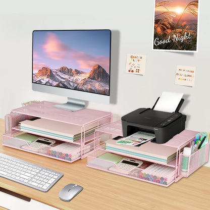 AUPSEN Wood Desk Organizers and Accessories, 2-Tier Computer Monitor Stand Riser with Drawer, Pen Storage & Phone Holder, Office Desk Accessories, Workspace Desktop Organization for Office Supplies（Brown）