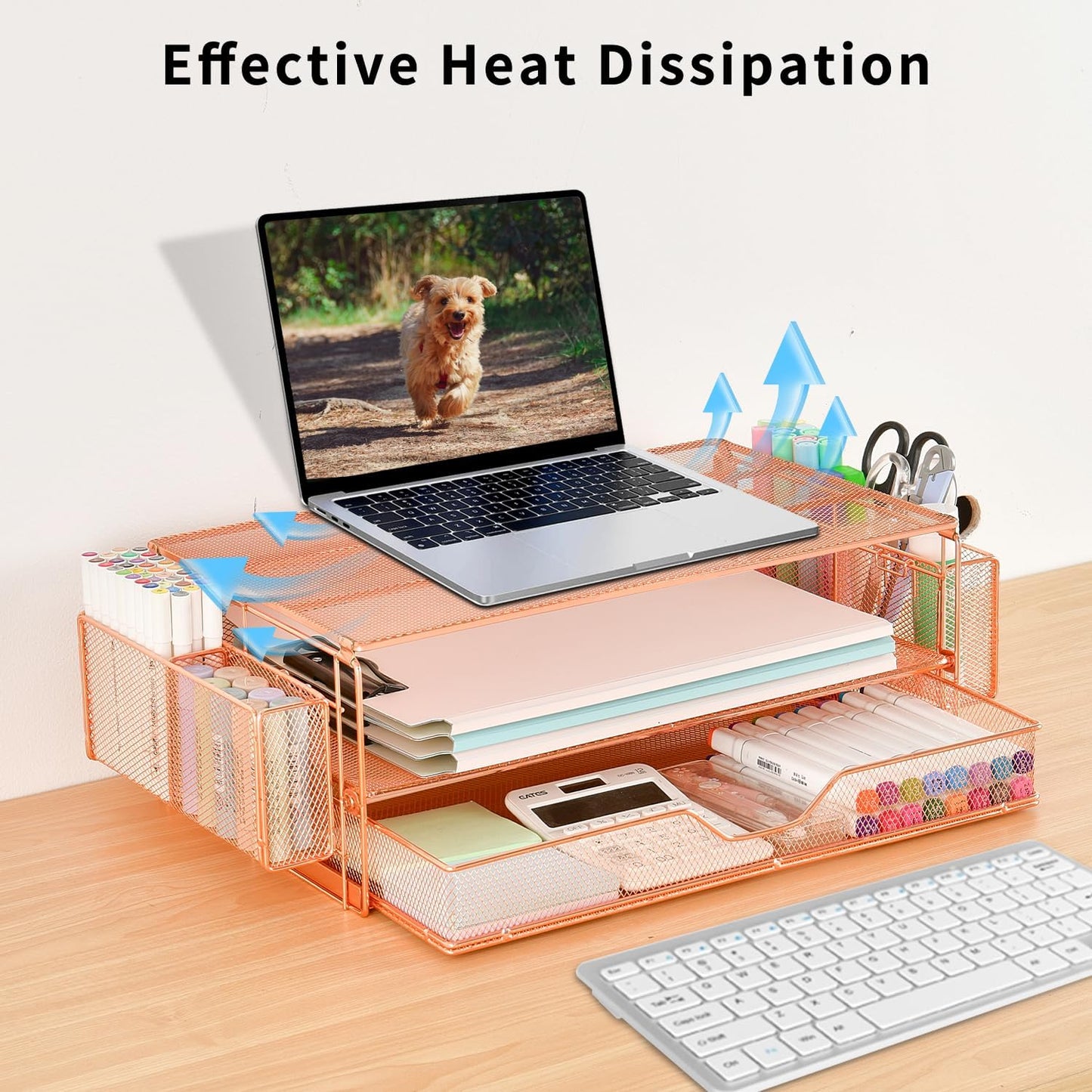AUPSEN Wood Desk Organizers and Accessories, 2-Tier Computer Monitor Stand Riser with Drawer, Pen Storage & Phone Holder, Office Desk Accessories, Workspace Desktop Organization for Office Supplies（Brown）