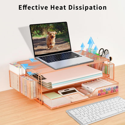 AUPSEN Wood Desk Organizers and Accessories, 2-Tier Computer Monitor Stand Riser with Drawer, Pen Storage & Phone Holder, Office Desk Accessories, Workspace Desktop Organization for Office Supplies（Brown）