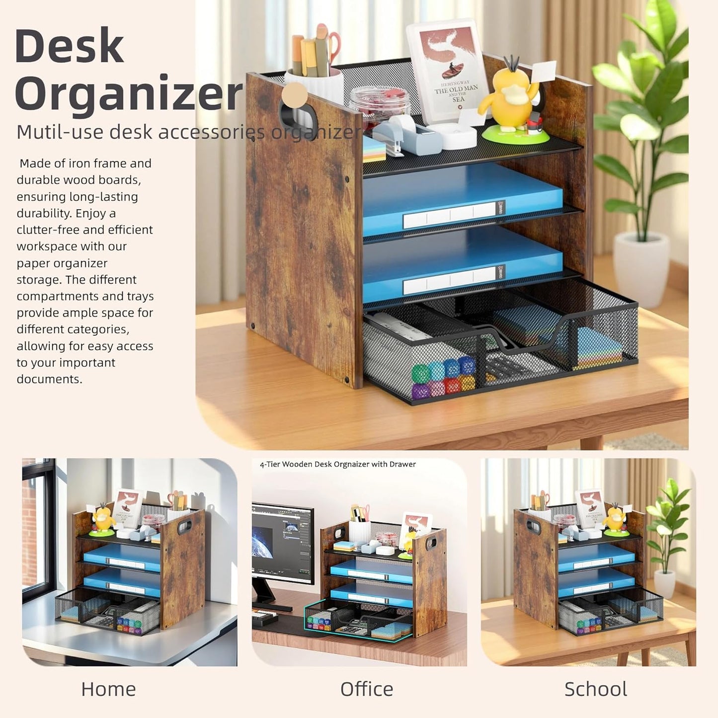 Wood Desk Organizer - 3-Tier Desktop File Organizer with Drawer, Wooden Paper Tray, Office Desk Organzier and Accessories for Papers, Mail, Notebooks, Stationery