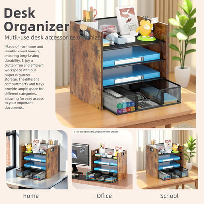 Wood Desk Organizer - 3-Tier Desktop File Organizer with Drawer, Wooden Paper Tray, Office Desk Organzier and Accessories for Papers, Mail, Notebooks, Stationery