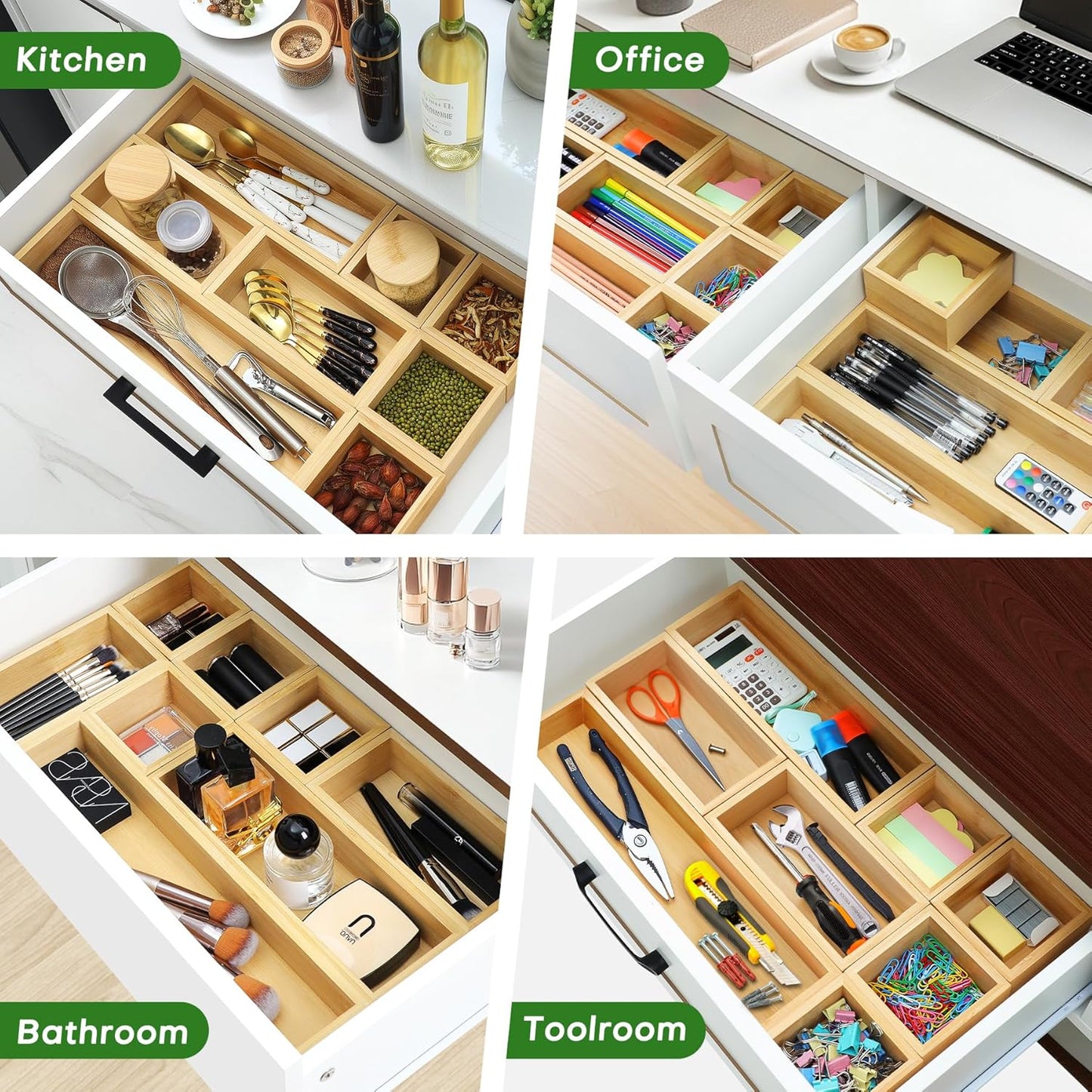 Bamboo Drawer Organizer Set, 5 PCS Multi-Use Individual Wood Storage Organizers, Junk Drawer Divider and Storage Trays Containers for Kitchen, Bathroom, Office Desk, Makeup, Jewelry, Utensils