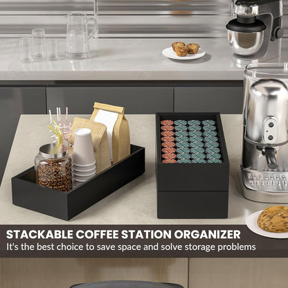 Kitchen Drawer Organizer Bins, Stackable Bamboo Drawer Organizer for Silverware, Flatware, Coffee Pod Organizer K Cup Holder for Countertop, 2 Pcs Coffee Station Organizer 12" x 6" x 2.5"