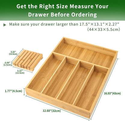 VaeFae Bamboo Silverware Drawer Organizer Kitchen, Expandable Utensil Organizer with Knife Block, Cutlery Tray with Divider, Multifunctional Drawer Organizer