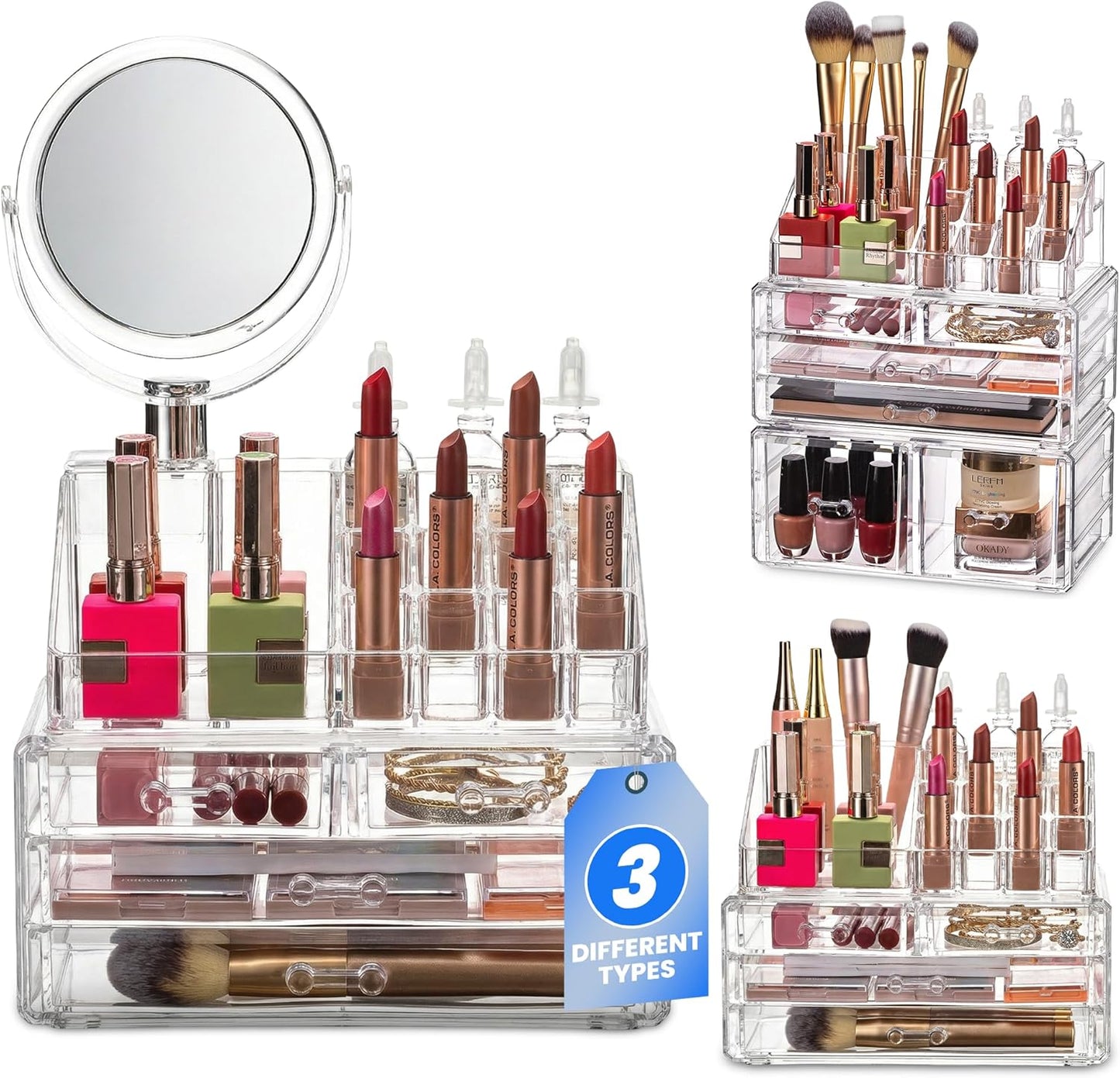 Masirs Clear Makeup Organizer - 16-Compartment Cosmetic and Jewelry Holder with 4 Drawers - Vanity Storage Box for Makeup, Skincare, Accessories, and Jewelry Display