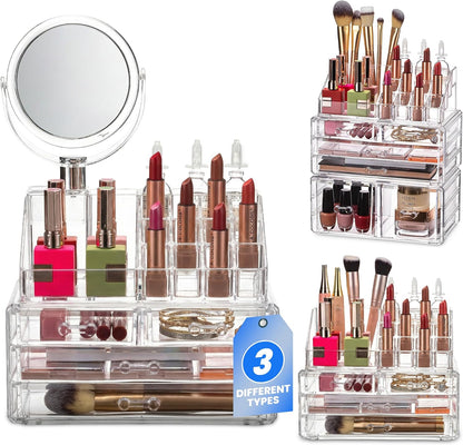 Masirs Clear Makeup Organizer - 16-Compartment Cosmetic and Jewelry Holder with 4 Drawers - Vanity Storage Box for Makeup, Skincare, Accessories, and Jewelry Display