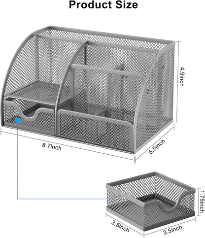 EasyPAG Mesh Desk Organizer with Drawer Multi-functional Pen Holder Stationery Organizer for Office School Supplies 6 Compartments Dorm Organizers and Storage for Desk, Black