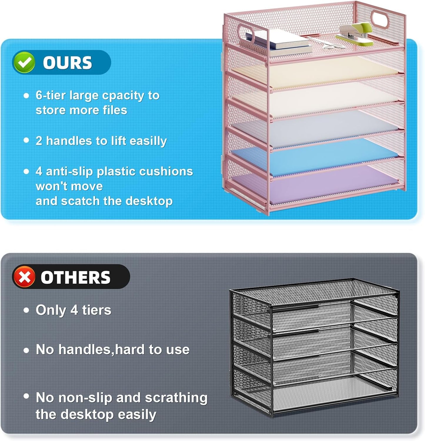 Marbrasse 6 Tier Paper Organizer Letter Tray - Mesh Desk File Organizer with Handle, Paper Sorter Organizer for Letter/A4 Office File Folder Holder - Black