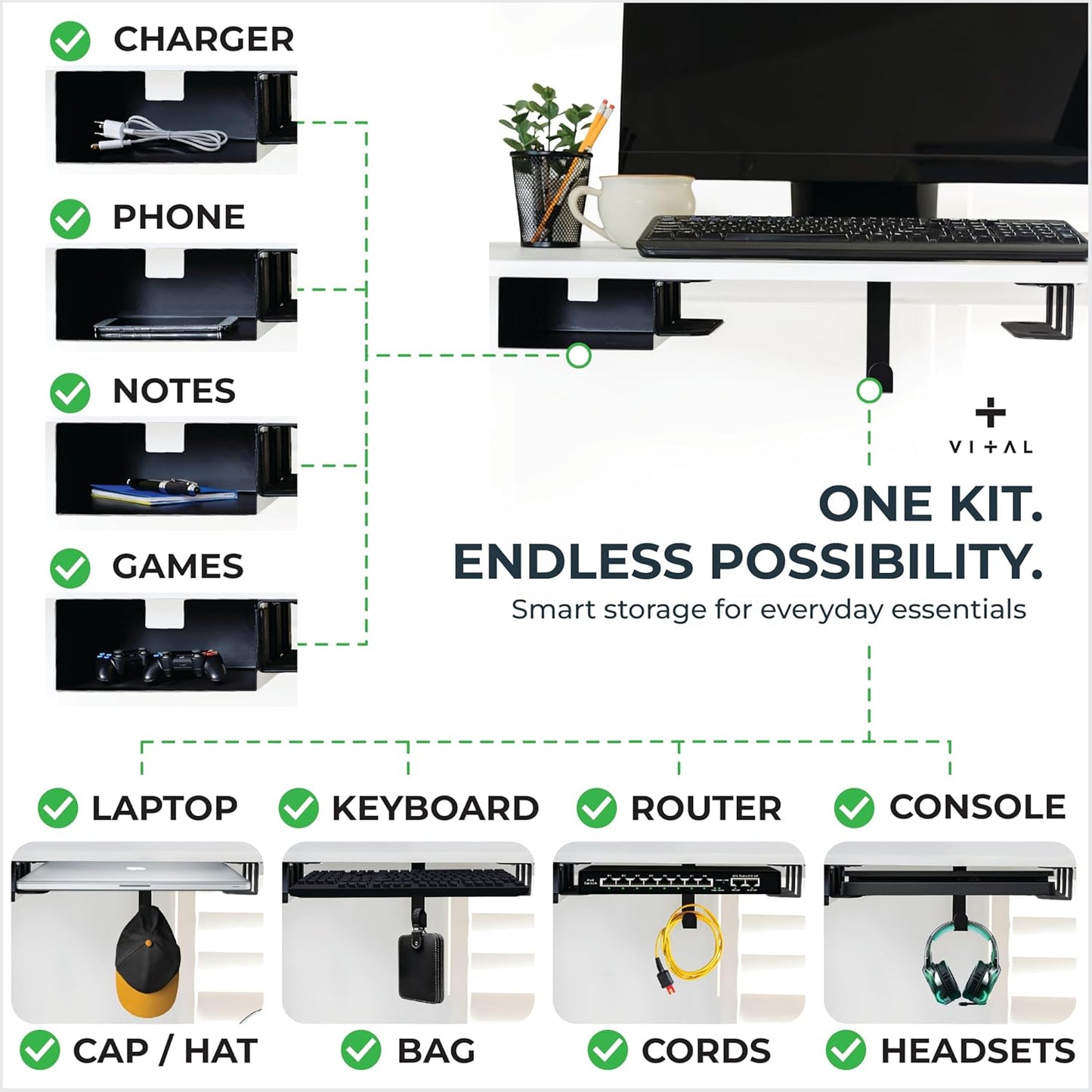 VI+AL Under Desk Laptop Mount - Hidden Metal Shelf with Side Storage, Hook & Cable Organizer - Installs with Tape & Screws - Fits Devices up to 1.7" Thick - Deluxe + LED (USB Light Strip & Remote)