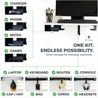 VI+AL Under Desk Laptop Mount - Hidden Metal Shelf with Side Storage, Hook & Cable Organizer - Installs with Tape & Screws - Fits Devices up to 1.7" Thick - Deluxe + LED (USB Light Strip & Remote)