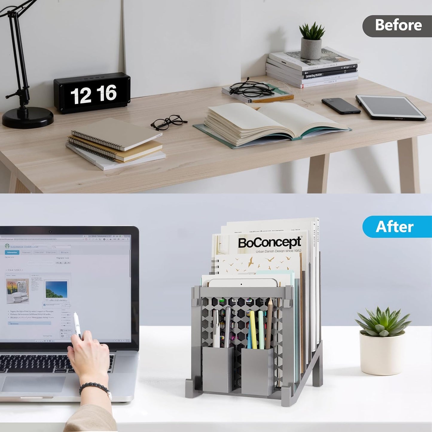 File Organizer for Desk with Storage Box & Hook, Inclined Desk File Organizer with 5-Section Vertical File Holder Suitable for Home Office Document Organization (Black)