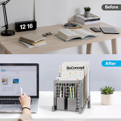 File Organizer for Desk with Storage Box & Hook, Inclined Desk File Organizer with 5-Section Vertical File Holder Suitable for Home Office Document Organization (Black)