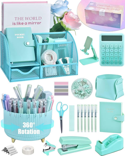 LXEVIHK 21Pcs Pink Desk Organizers and Accessories With Mesh Desk Organizer and 360°Rotating Pen Holder and a Lot of Office Pink Office Supplies Beautifully Presented in a Gift Box