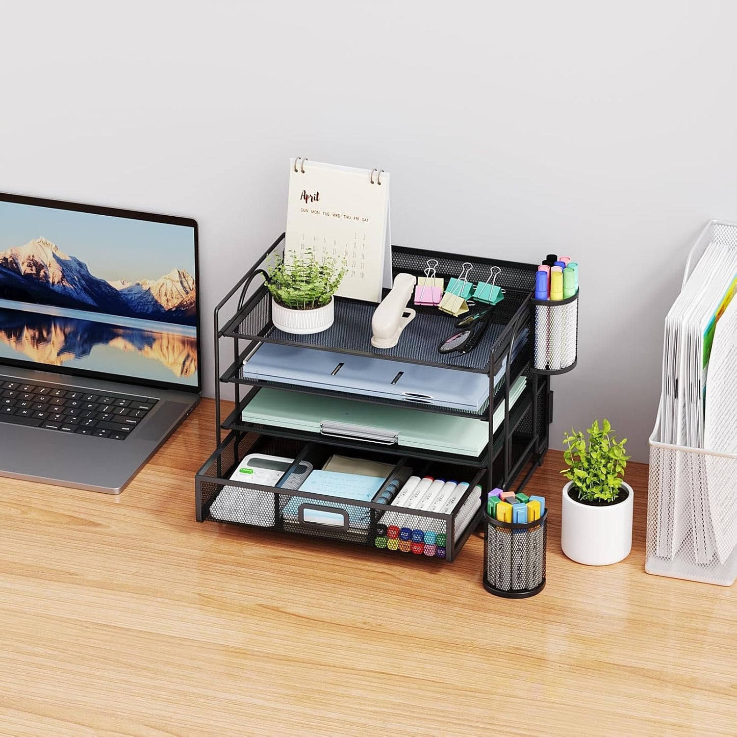 Marbrasse Desk Organizer and Accessories，4-Tier Paper Letter Tray Organizer with File Holder，Desk Accessories & Workspace Desktop Organizers for School Home Office Supplies (Blue)