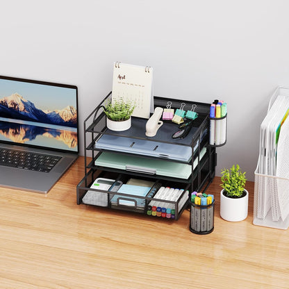 Marbrasse Desk Organizer and Accessories，4-Tier Paper Letter Tray Organizer with File Holder，Desk Accessories & Workspace Desktop Organizers for School Home Office Supplies (Blue)
