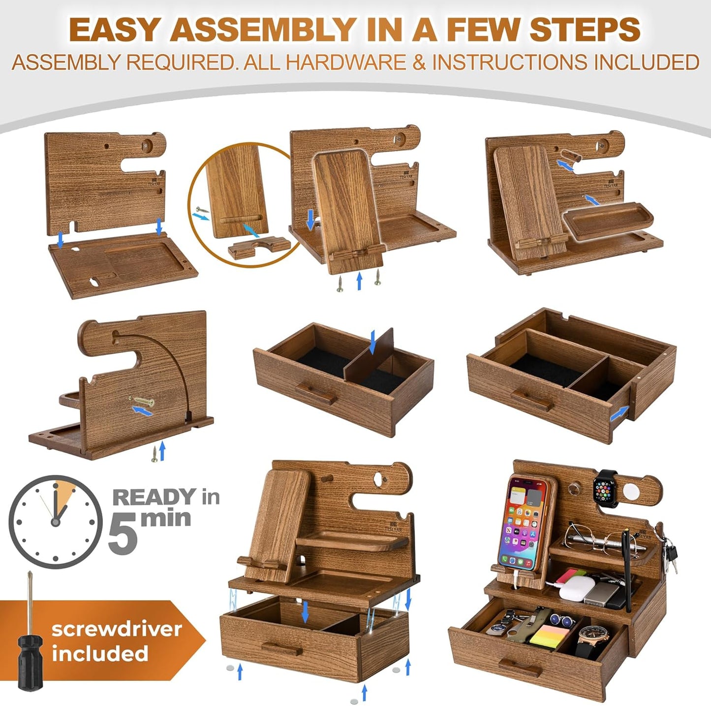 TESLYAR Wood Phone Docking Station with Drawer - Nightstand Organizer - Desk Organizer for Husband - Birthday Gifts for Men, Dad, Anniversary Idea, Key Holder Stand Watch & Accessories (Antique Brown)