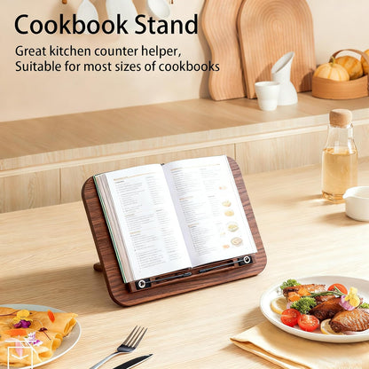 Book Stand for Reading, Mayhas Adjustable Book Holder with 360° Swivel Base&Page Clips, Foldable Desktop Stand for Cookbook, Fits All Books (Walnut, Wood Base)