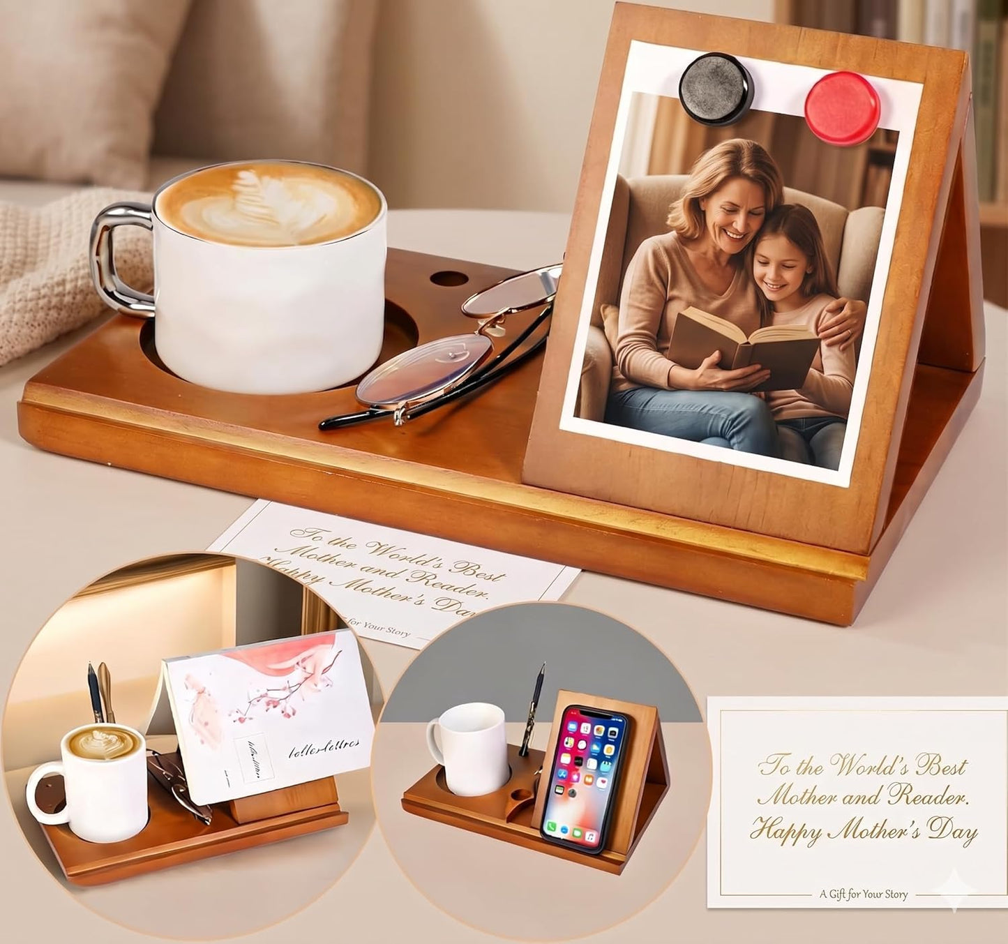 Wood Desktop Book Stand for Reading Rest Birthday and Mothers Day Gifts, Book Page Holder Thumb Bookmark,Magnet Couple Photo or Note, Book Accessories, Triangle Book Nook with Cup for Book Lovers