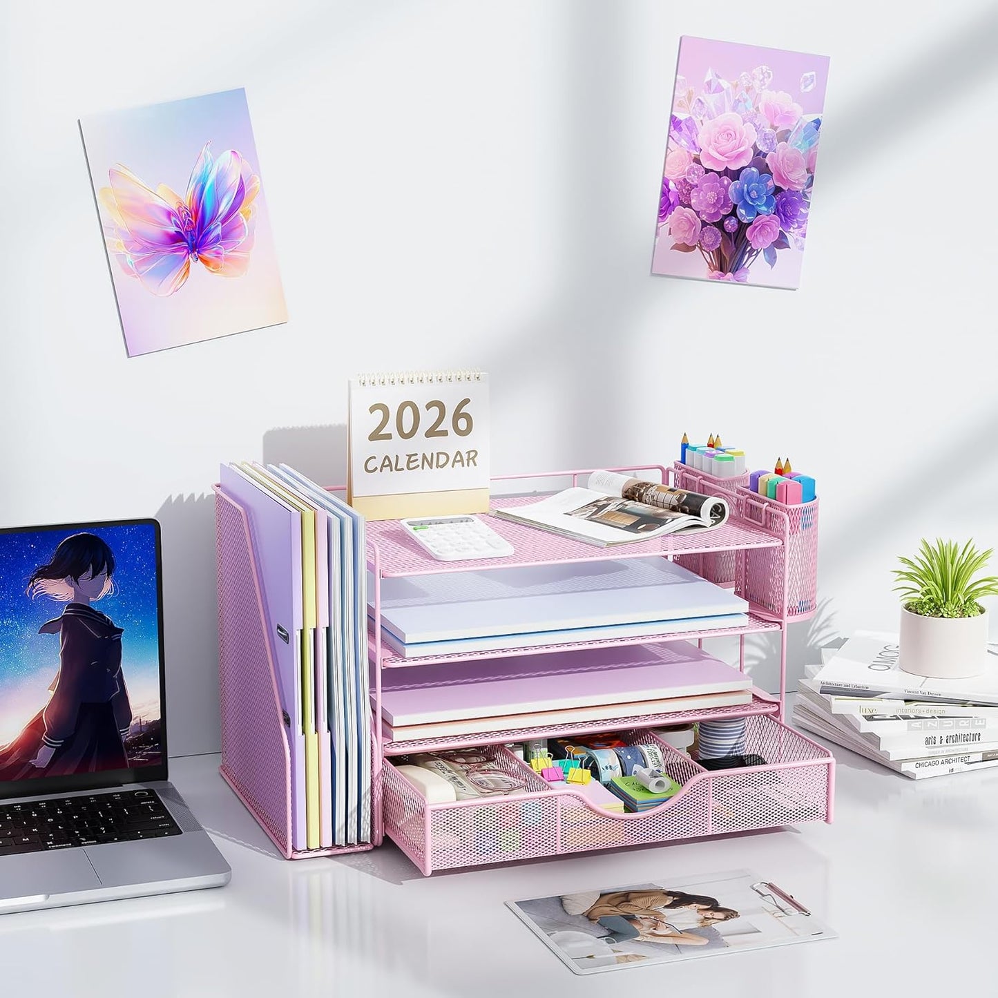 gianotter Desk Organizers and Accessories with File Holder, 4-Tier Desk Accessories & Workspace Organizers with Drawer and 2 Pen Holder, Paper Organizer for Office Supplies (Rose Gold)