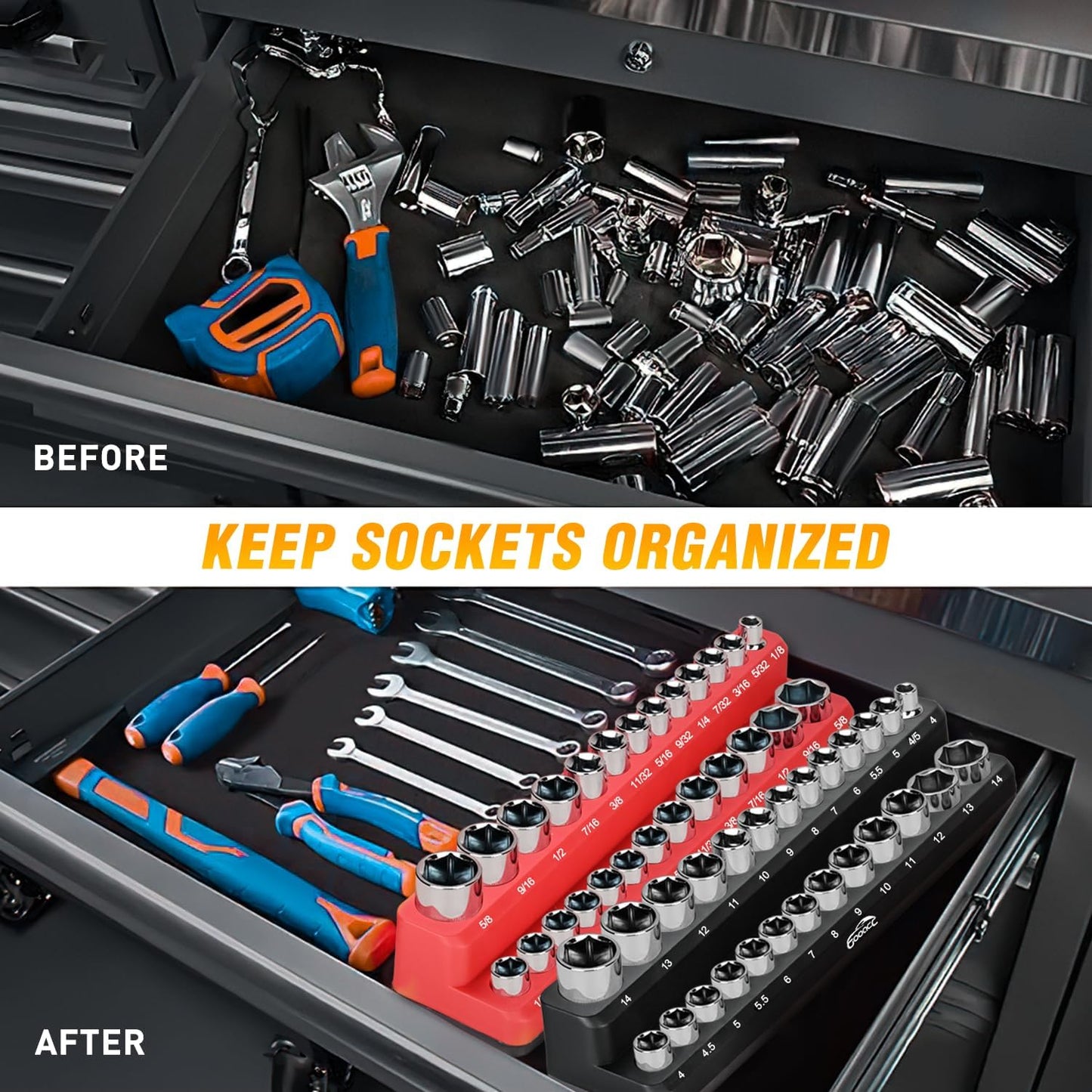 GOOACC 1/4" Magnetic Socket Organizer, 2 Pieces Socket Holder Metric SAE Socket Tray, 1/4 inch Socket Organizer Tray Holds 52 Standard Sockets for Tool Box Drawer