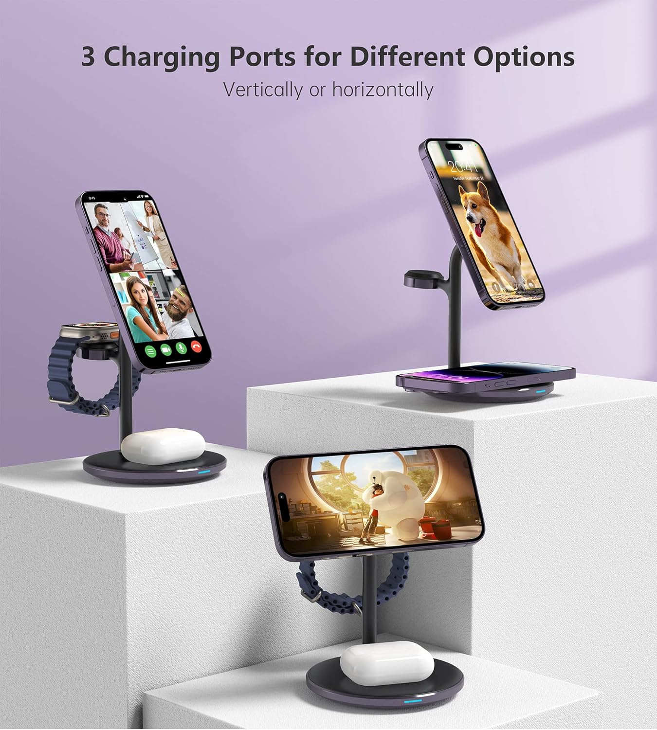 XooFly 3 in 1 Wireless Charging Station for Apple Devices, Fast Wireless Mag-Safe Charger Stand with 20W Adapter for iPhone 17 16 15 14 13 12 Pro Max/Air/Plus/Pro,iWatch,AirPods-Gift for Wife&Husband