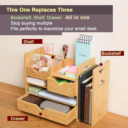 Pandorama Bamboo Desk Organizer Large - A4 Drawers & Adjustable File Holder, Fully Assembled Wood Desktop Storage for Kitchen, Bedroom, Bathroom, Study Room