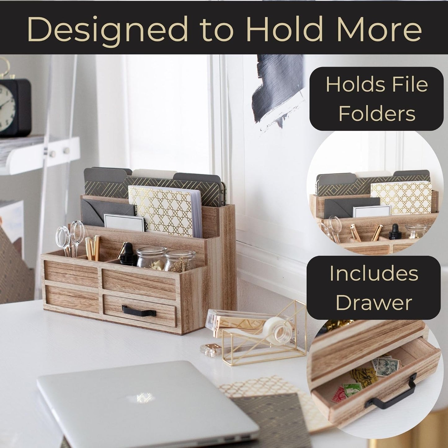 BLU MONACO | White Desktop Organizer with Drawer Storage | Tabletop Organizer with Drawers for Paper Bills Mail | Wooden Mail Organizer for Countertop Workspace | with Drawer, Bill