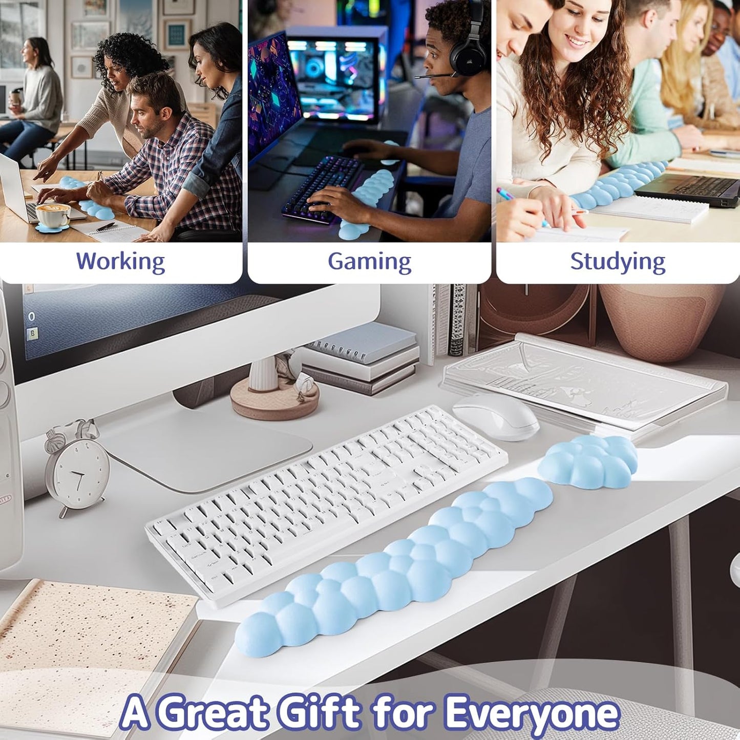 Sushret Cloud Wrist Rest for Keyboard and Mouse, Memory Foam PU Leather Keyboard Wrist Rest with Ergonomic Support, Non-Slip Base, Cute Arm Rest Pad & Palm Cushion, Office Desk Accessory, White