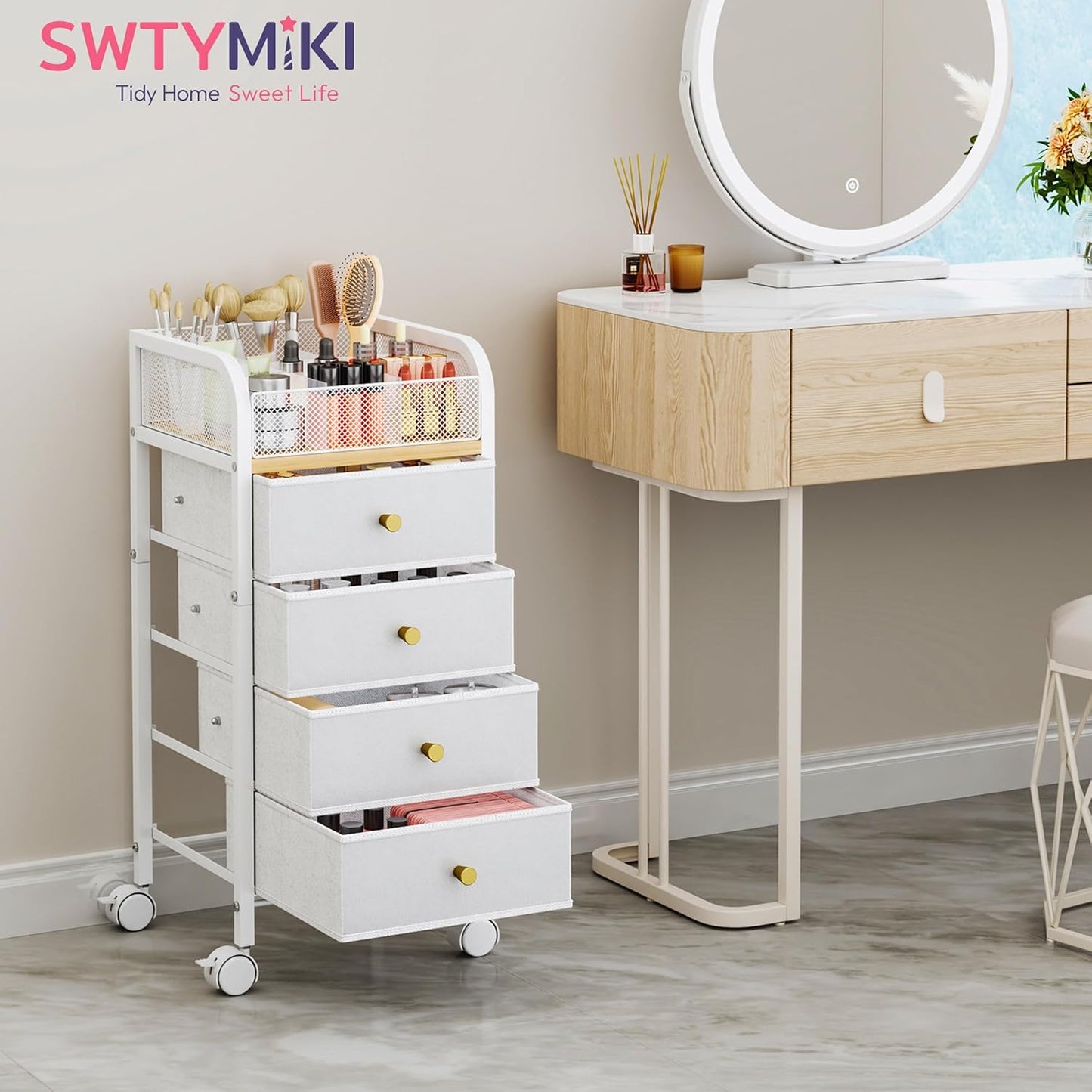 SWTYMIKI Rolling Makeup Organizer Cart - Under Desk Vanity Makeup Storage with 3 Non-woven Drawers, Nail Cart Organizer Cosmetic Display Cases Cabinet for Skin Care Perfume Nail Polish Brush Hair Tool