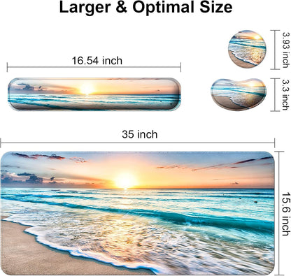 Keyboard Wrist Rest + Mouse Pad with Wrist Support + Desk Mat + Coaster 4 in 1 Set, XXL Large Gaming Mousepad Cute Ergonomic Mouse Pads for Desk Computer Laptop Office Decor-Beach