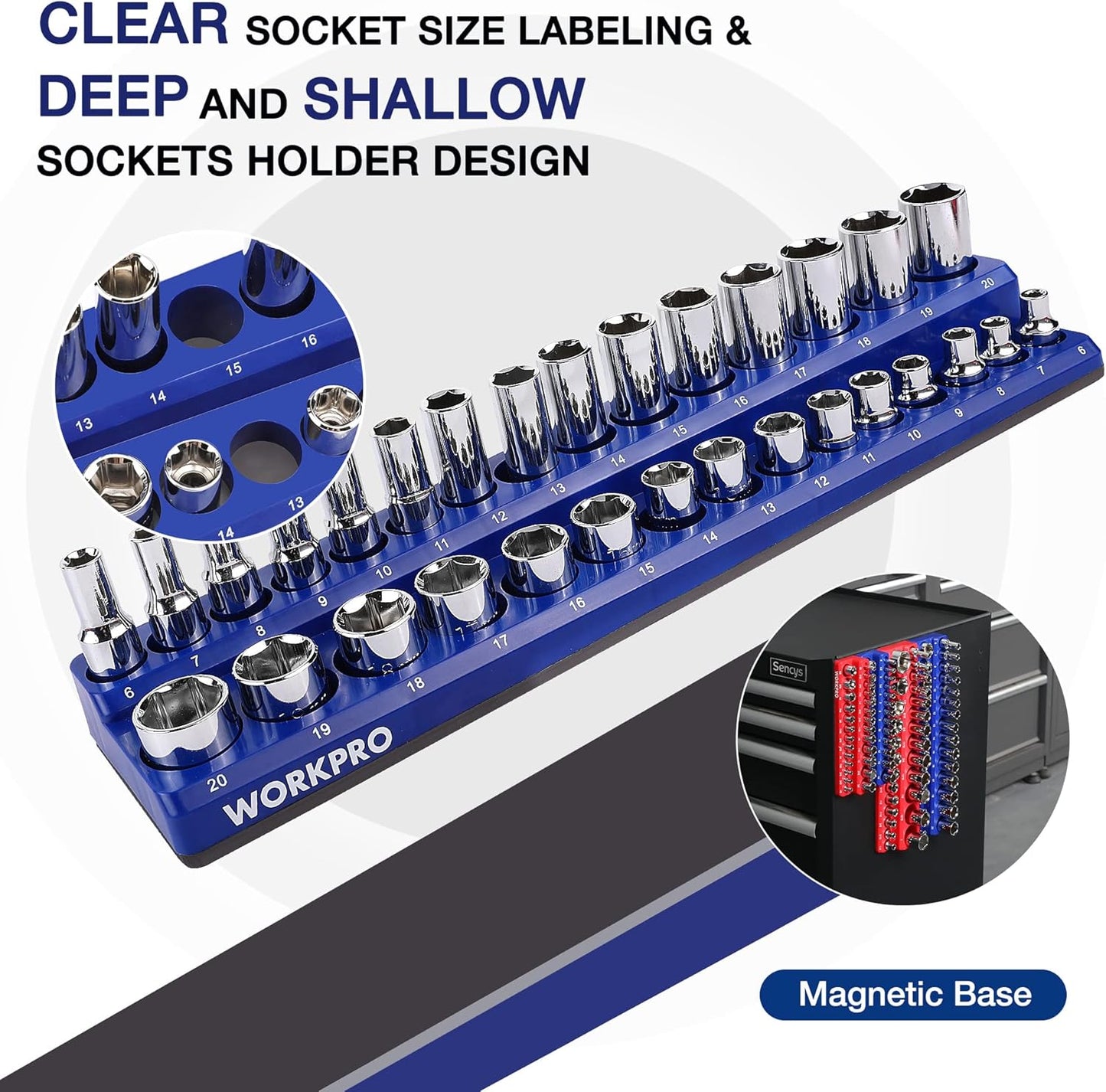 WORKPRO Magnetic Socket Organizer Set, 6-Piece Socket Holder Set Includes 1/4", 3/8", 1/2" Drive Metric SAE Socket Trays, Holds 143 Pieces Sockets, Christmas Gift for Men(Socket not Included)