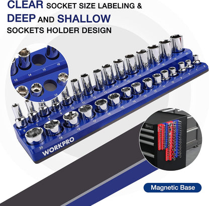 WORKPRO Magnetic Socket Organizer Set, 6-Piece Socket Holder Set Includes 1/4", 3/8", 1/2" Drive Metric SAE Socket Trays, Holds 143 Pieces Sockets, Christmas Gift for Men(Socket not Included)